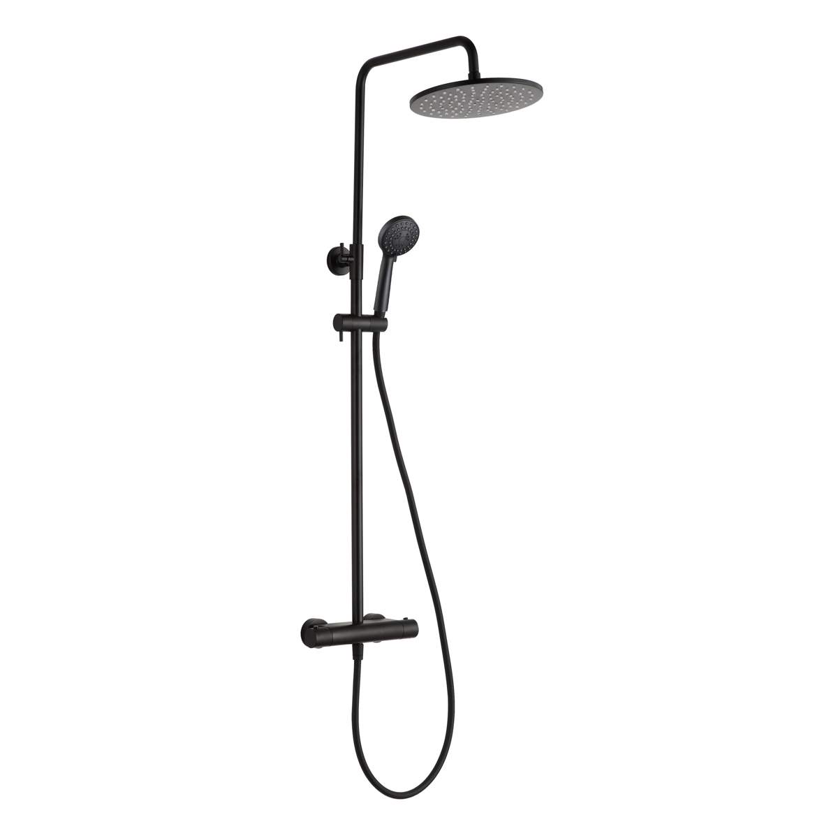 JTP Vos Matt Black Thermostatic Bar Valve with 2 Outlets, Adjustable Riser and Multifunction Shower Handle (2852819MB)