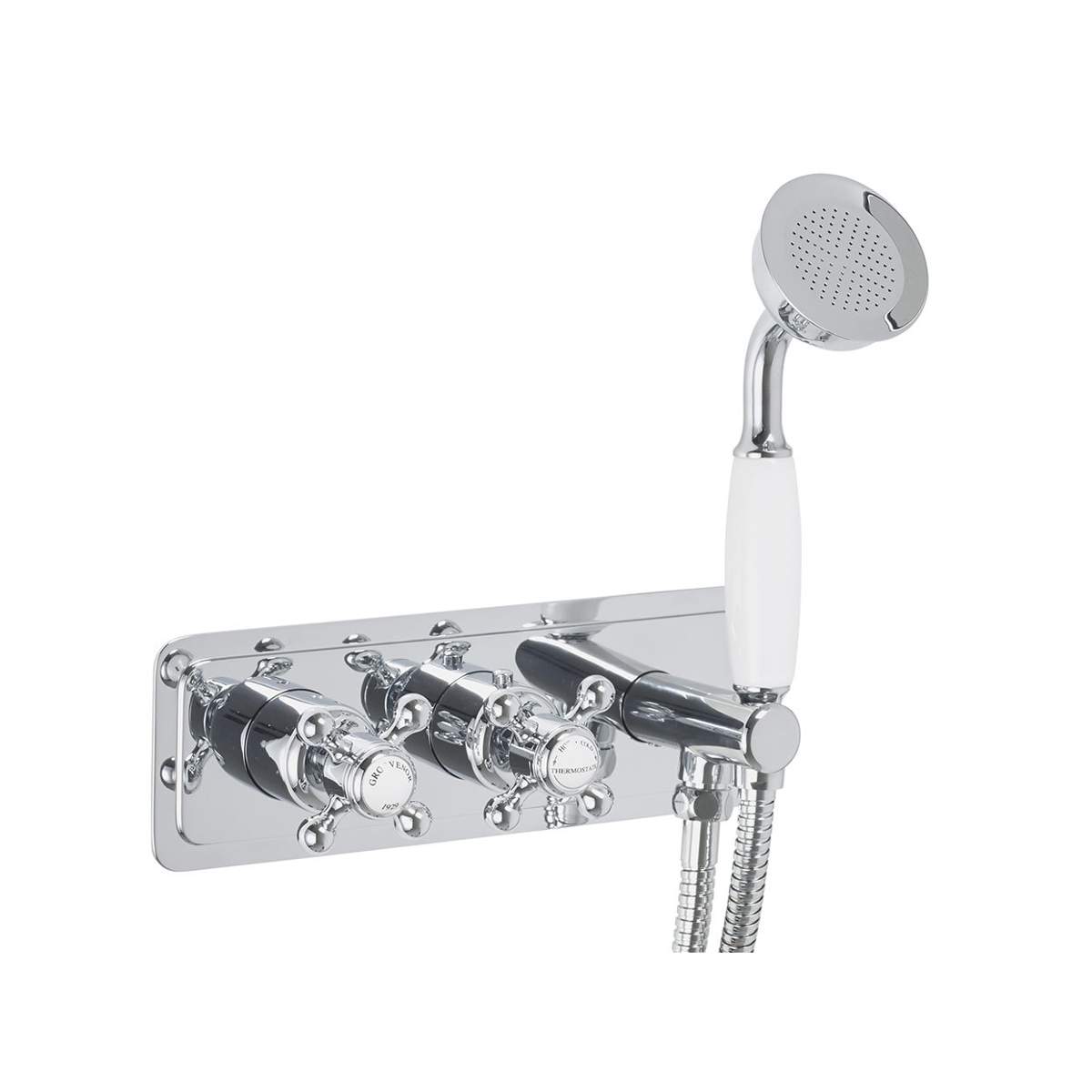 JTP Grosvenor Cross Chrome Thermostatic Concealed 2 Outlet Valve and Handset (76868)