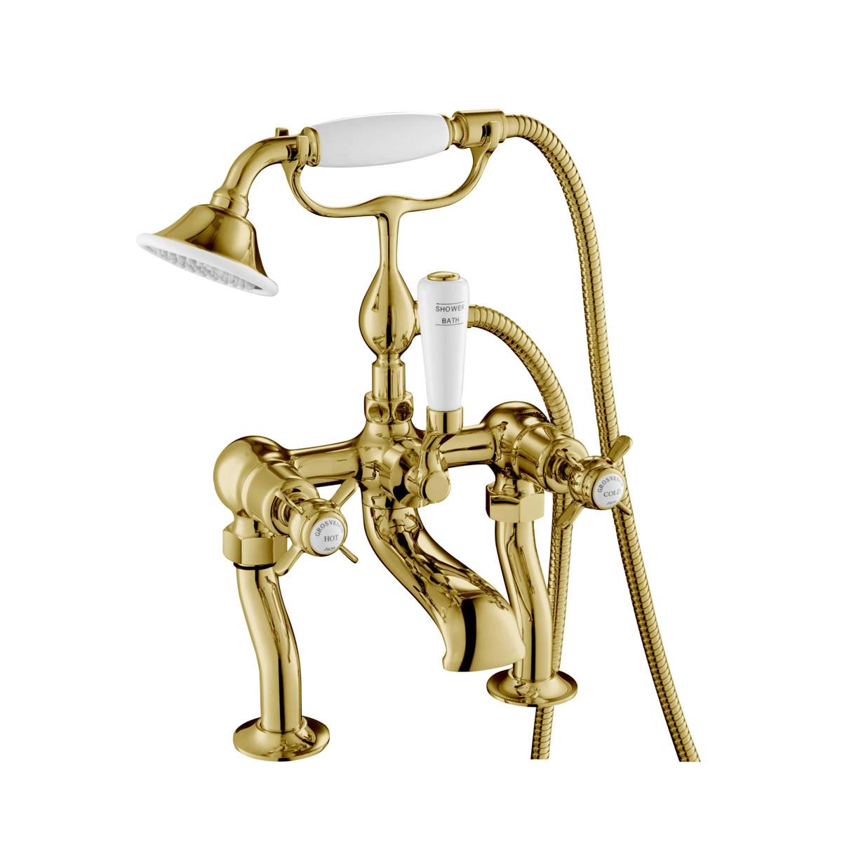 JTP Grosvenor Pinch Antique Brass Edition Deck Mounted Bath Shower Mixer with Kit (98275G)